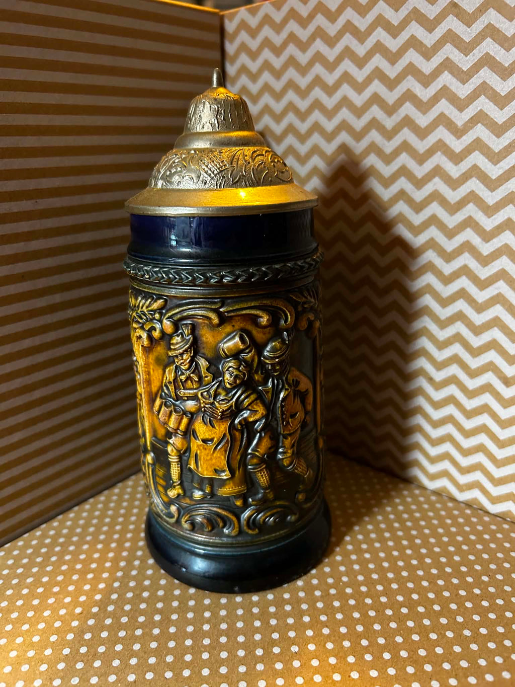 Vintage German DBGM 66 Beer Stein with Pewter Lid and Tavern Scenes