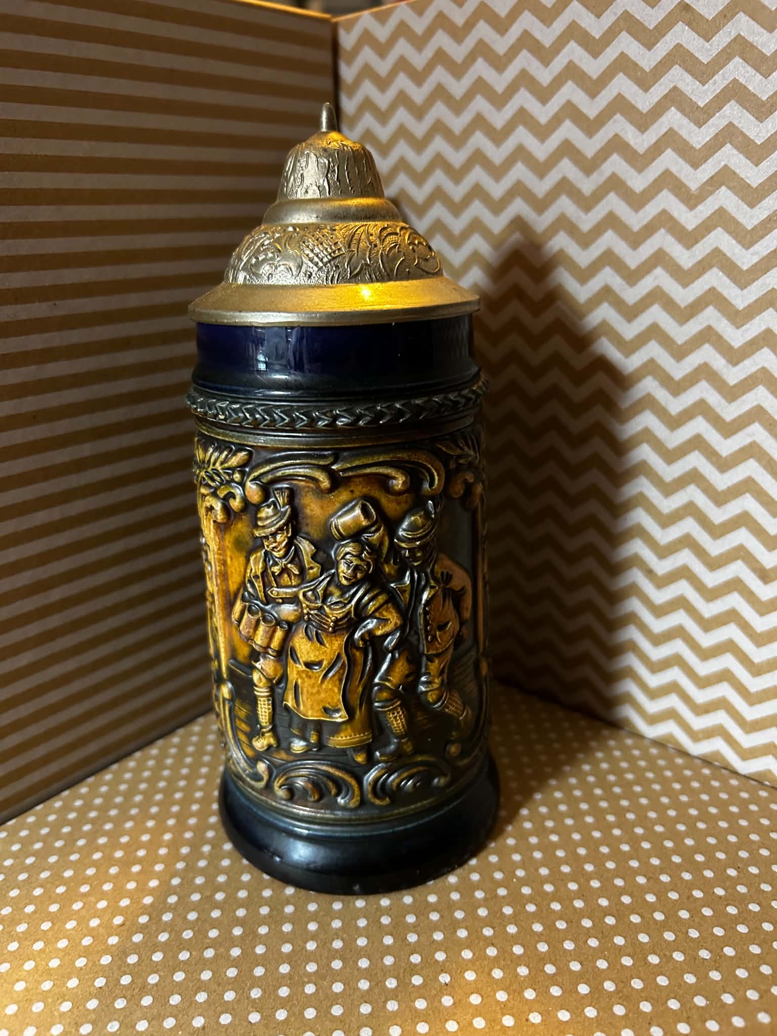 Vintage German DBGM 66 Beer Stein with Pewter Lid and Tavern Scenes