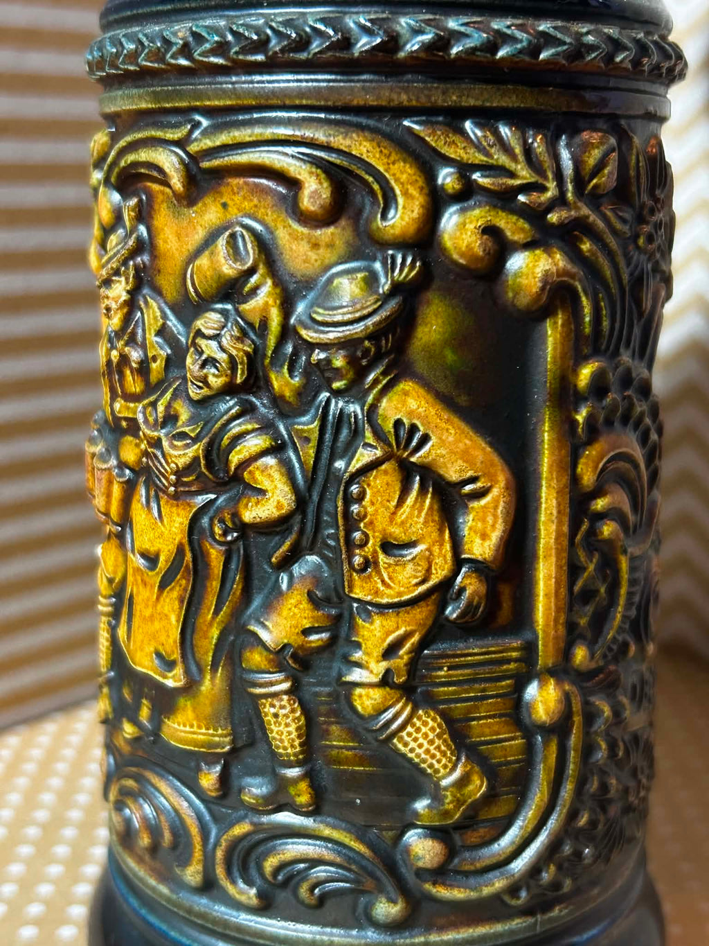Vintage German DBGM 66 Beer Stein with Pewter Lid and Tavern Scenes