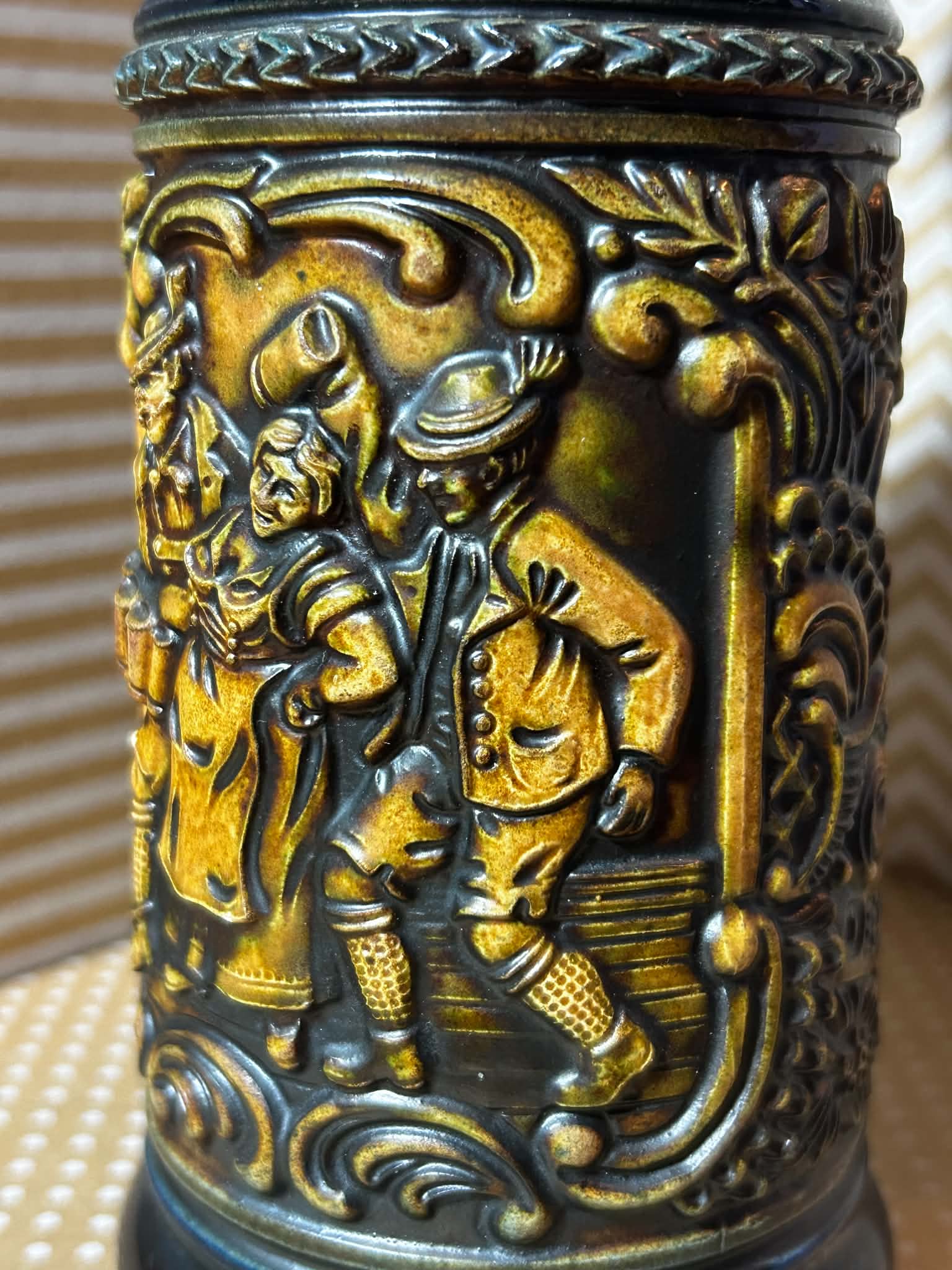Vintage German DBGM 66 Beer Stein with Pewter Lid and Tavern Scenes