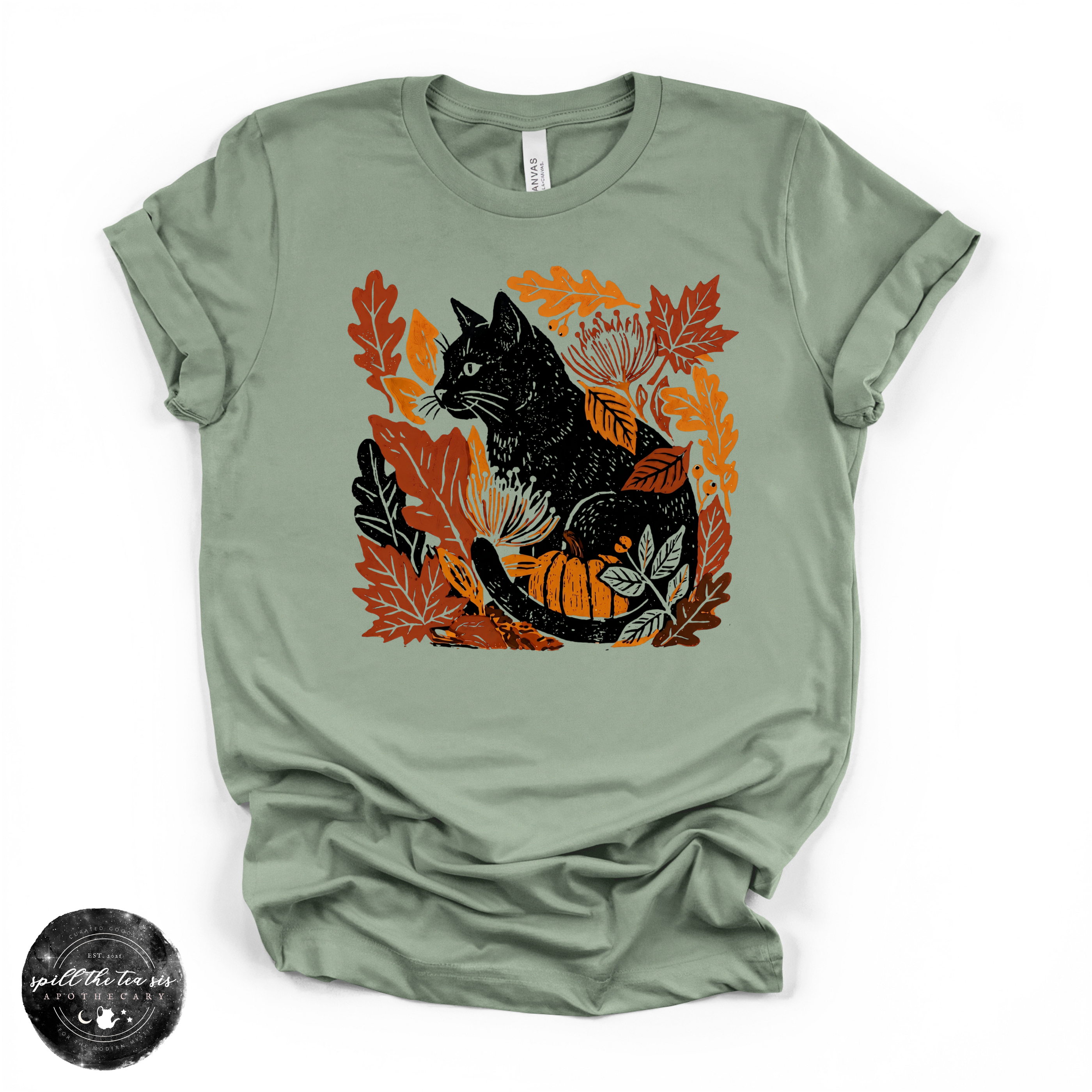 Fall Leaves Black Cat Tee | Autumn Cat Lover Graphic T-Shirt